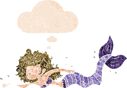 cartoon mermaid and thought bubble in retro textured style vector