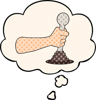 cartoon hand pulling lever and thought bubble in comic book style vector
