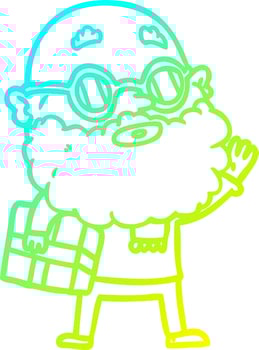cold gradient line drawing cartoon curious man with beard sunglasses and present vector