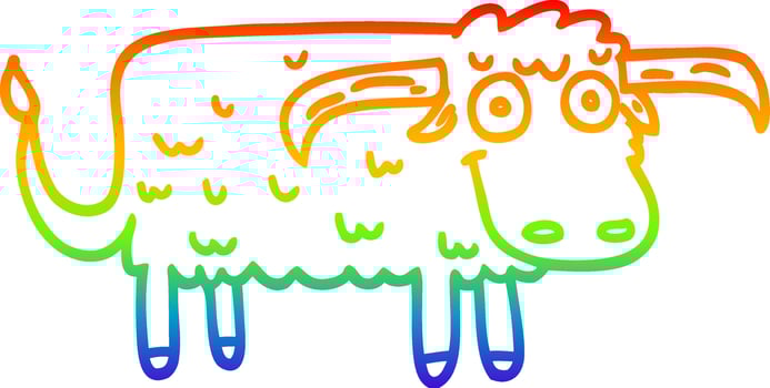 rainbow gradient line drawing cartoon hairy cow vector