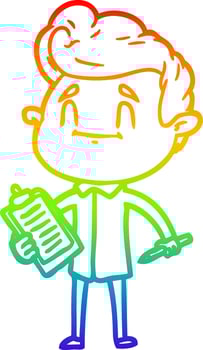rainbow gradient line drawing happy cartoon man with pen and clipboard vector