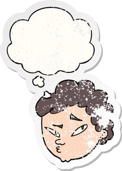 cartoon suspicious man and thought bubble as a distressed worn sticker vector
