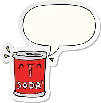 cartoon soda can and speech bubble sticker vector