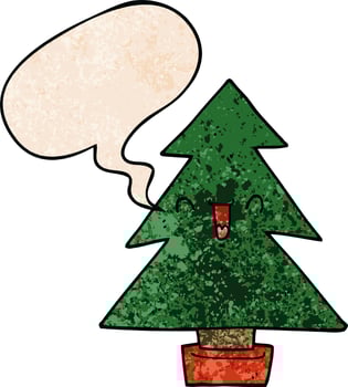 cartoon christmas tree and speech bubble in retro texture style vector