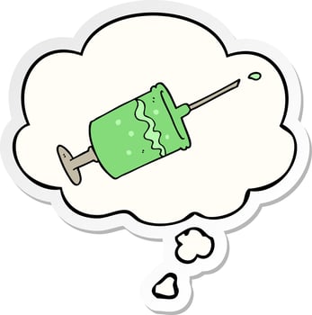 cartoon syringe needle and thought bubble as a printed sticker vector