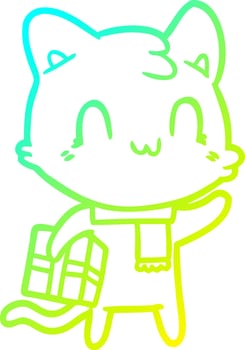 cold gradient line drawing cartoon happy cat wearing scarf vector