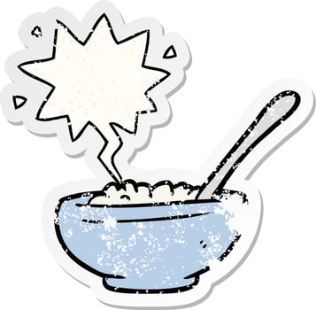 cartoon bowl of rice and speech bubble distressed sticker vector