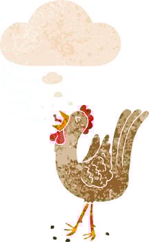 cartoon crowing cockerel and thought bubble in retro textured style vector