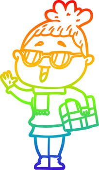 rainbow gradient line drawing cartoon happy woman wearing spectacles vector