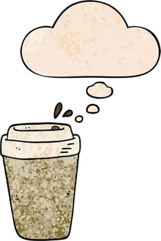 cartoon coffee cup and thought bubble in grunge texture pattern style vector