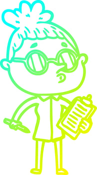 cold gradient line drawing cartoon woman wearing glasses vector