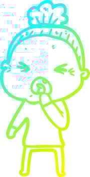 cold gradient line drawing cartoon angry old woman vector