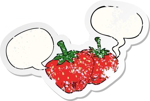 cartoon strawberries and speech bubble distressed sticker vector