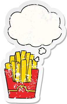 cartoon fries and thought bubble as a distressed worn sticker vector