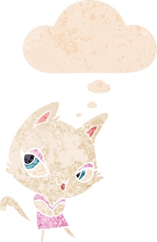 cartoon female cat and thought bubble in retro textured style vector