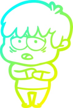 cold gradient line drawing cartoon exhausted boy vector