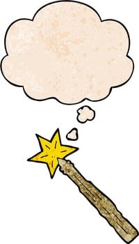cartoon magic wand and thought bubble in grunge texture pattern style vector