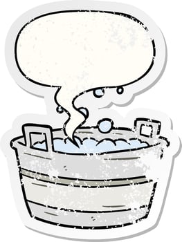 cartoon old tin bath full of water and speech bubble distressed sticker vector