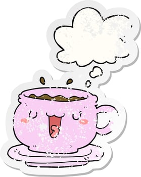cute cartoon cup and saucer and thought bubble as a distressed worn sticker vector