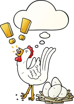 cartoon chicken laying egg and thought bubble in smooth gradient style vector