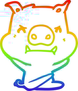 rainbow gradient line drawing angry cartoon pig throwing tantrum vector
