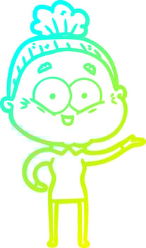 cold gradient line drawing cartoon happy old woman vector