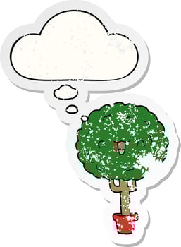 cartoon happy tree and thought bubble as a distressed worn sticker vector