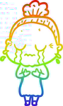 rainbow gradient line drawing cartoon crying old lady vector