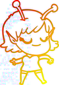 warm gradient line drawing smiling alien girl cartoon vector