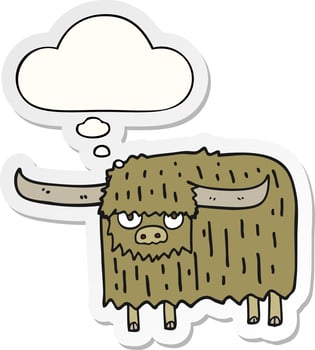 cartoon hairy cow and thought bubble as a printed sticker vector