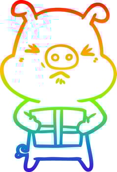 rainbow gradient line drawing cartoon angry pig with christmas present vector