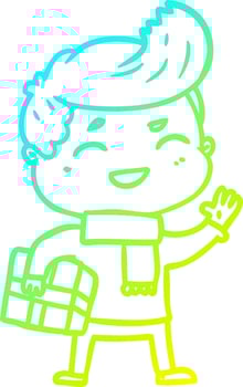 cold gradient line drawing cartoon man laughing carrying parcel vector