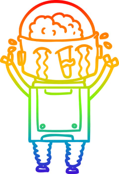 rainbow gradient line drawing cartoon crying robot vector