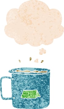 cartoon camping mug and thought bubble in retro textured style vector