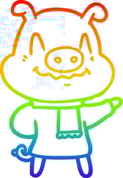 rainbow gradient line drawing nervous cartoon pig wearing scarf vector