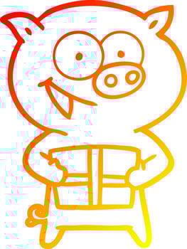 warm gradient line drawing cheerful pig with christmas gift vector