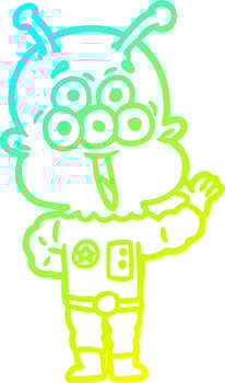 cold gradient line drawing happy cartoon alien waving vector