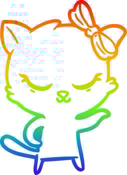 rainbow gradient line drawing cute cartoon cat with bow vector