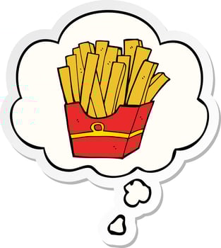cartoon fries and thought bubble as a printed sticker vector