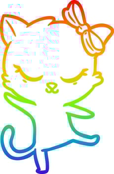 rainbow gradient line drawing cute cartoon cat with bow vector