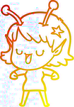 warm gradient line drawing happy alien girl cartoon vector