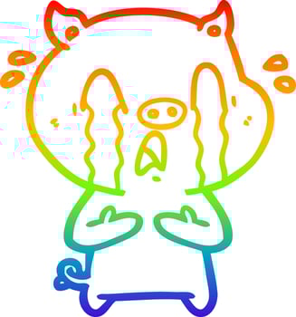 rainbow gradient line drawing crying pig cartoon vector