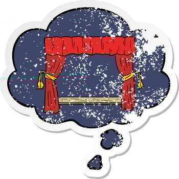 cartoon open curtains and thought bubble as a distressed worn sticker vector