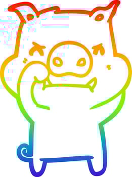 rainbow gradient line drawing angry cartoon pig vector