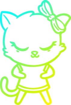 cold gradient line drawing cute cartoon cat with bow vector