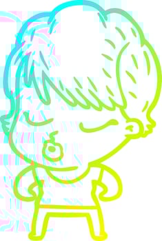 cold gradient line drawing cartoon woman with eyes shut vector
