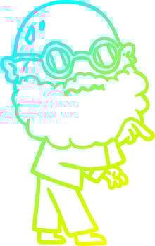 cold gradient line drawing cartoon worried man with beard and spectacles pointing finger vector