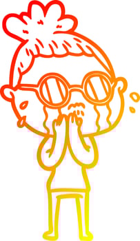 warm gradient line drawing cartoon crying woman wearing spectacles vector
