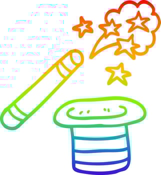rainbow gradient line drawing cartoon magicians hat and wand vector