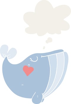 cartoon whale with love heart and thought bubble in retro style vector